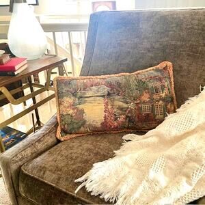 Vintage Tapestry Lumbar Pillow Cottage Garden Scenic Fringe Brown Back